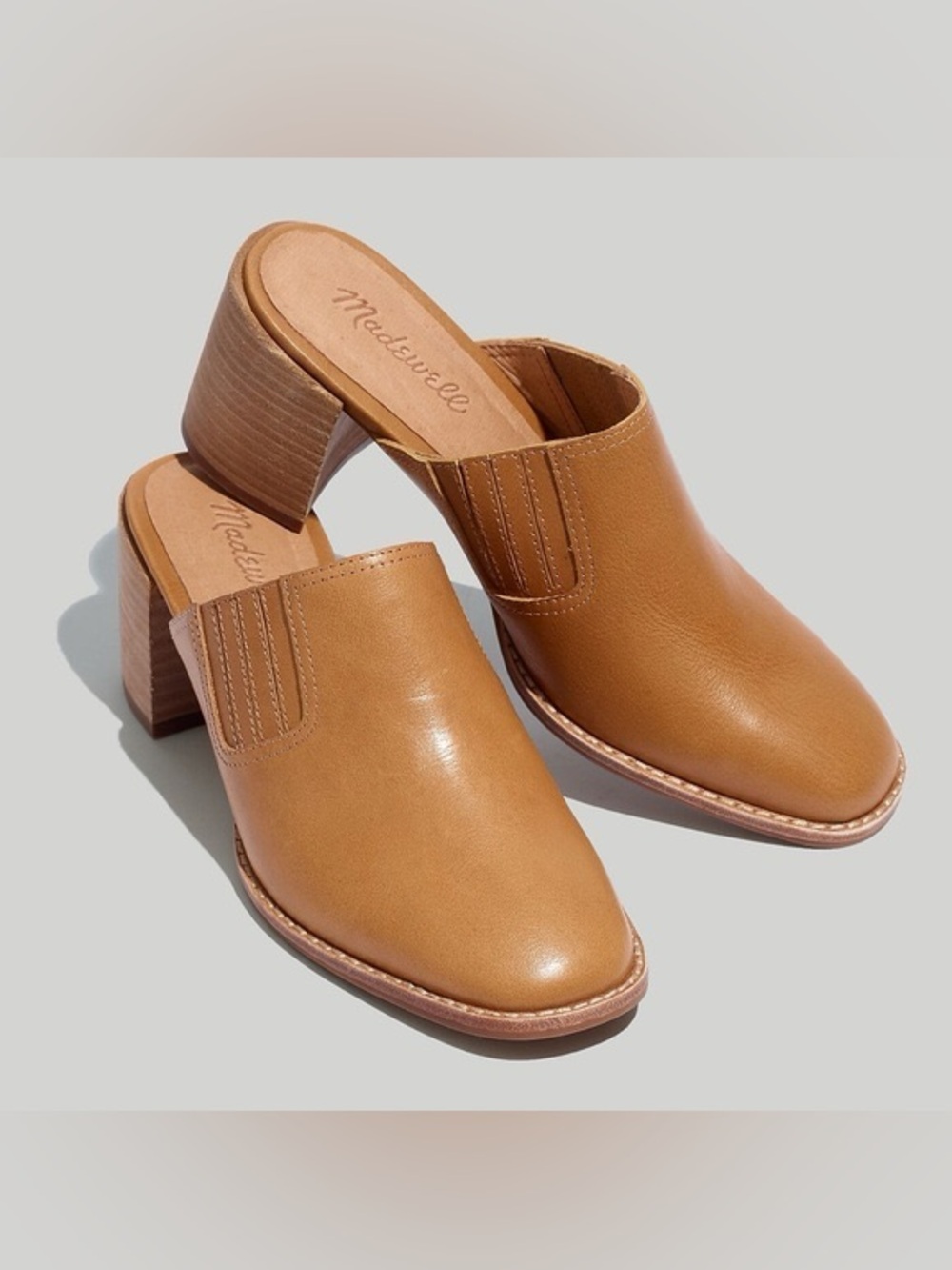 Madewell Cognac Leather Block Heel Mules
